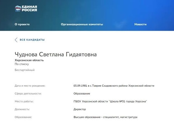 Відомості про Світлану Чуднову. кандидатку партії "єдина Росія"